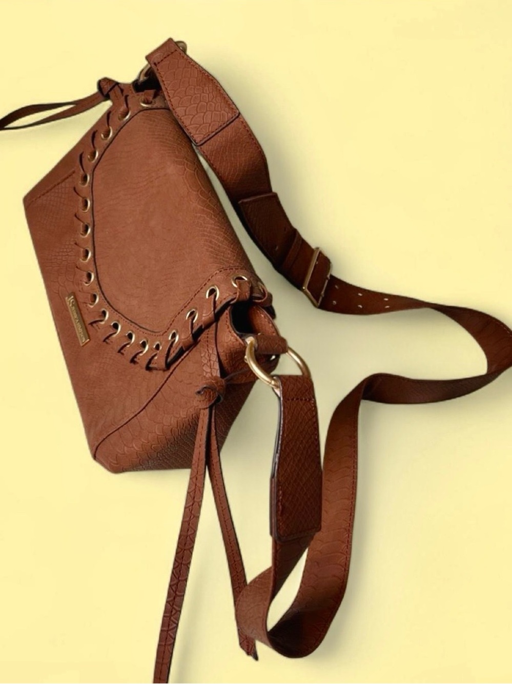 Brown Textured Crossbody Shoulder Bag with Braided Trim